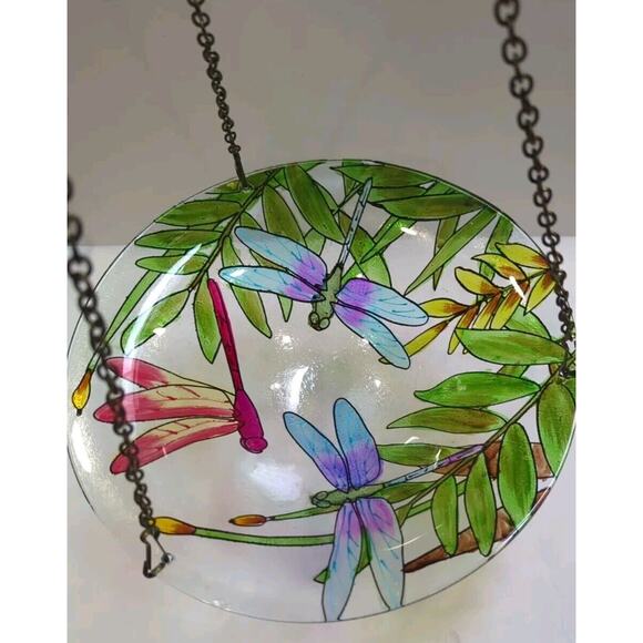 Hanging Glass Bird Bath With Painted Dragonflies - Picture 1 of 9